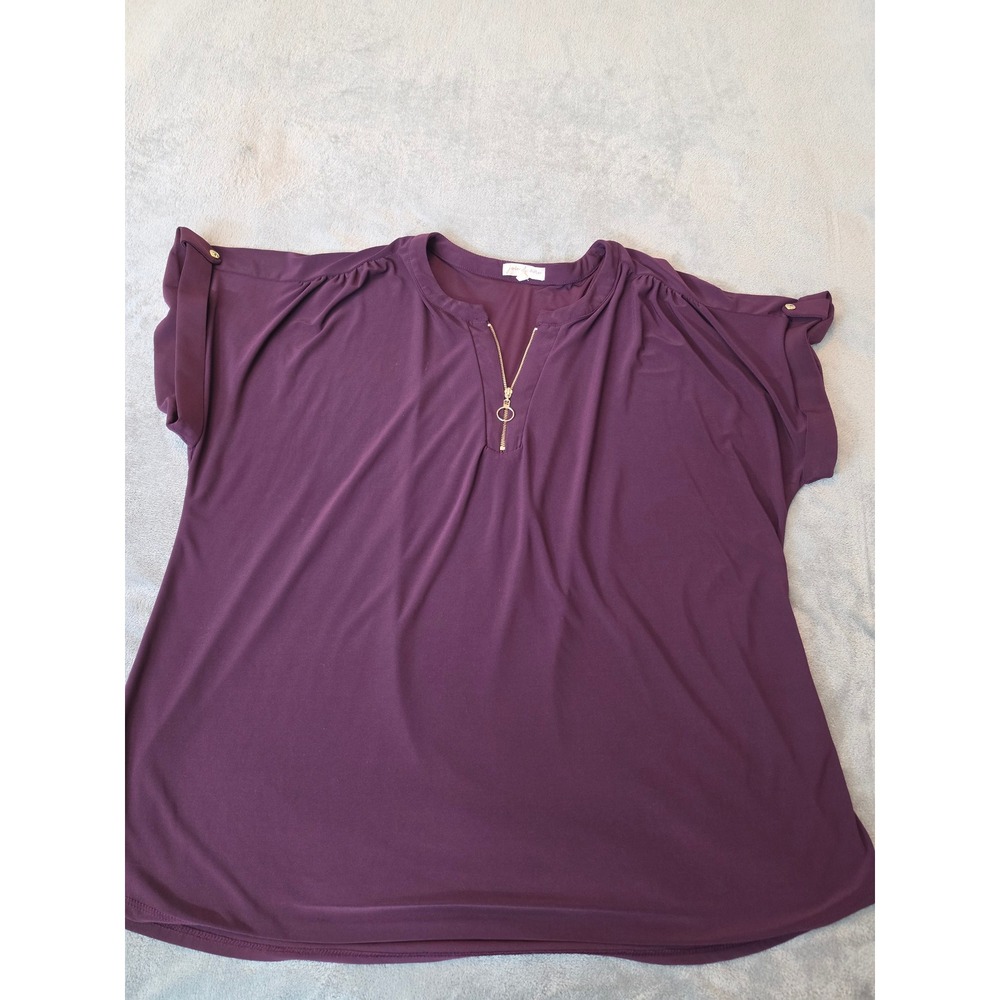 Joie De Vivre Womens 3X Plum Purple Zip Roll Tab Sleeve Blouse Top
